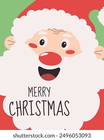 Christmas postcard with cute smiling santa claus. Flat vector illustration of santa in cartoon style.