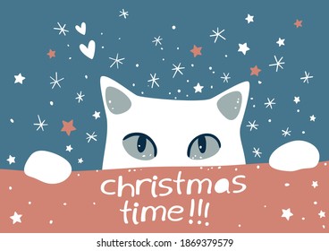 Christmas postcard with cute white cat