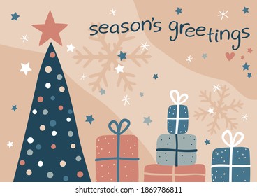 Christmas postcard with decorated Christmas tree and packed gifts