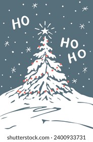 Christmas postcard with decorated tree and snow
