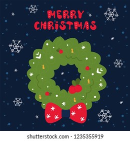 Christmas postcard with decorated Сhristmas wreath. Merry Christmas text