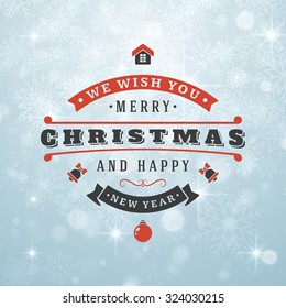 Christmas Postcard Decoration with Vintage Typographic Badge and Colorful Blurred Background. Vector Illustration