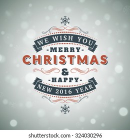 Christmas Postcard Decoration with Vintage Typographic Badge and Colorful Blurred Background. Vector Illustration