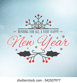 Christmas Postcard Decoration with Vintage Typographic Badge. Wishing you all a very happy New Year. Vector Illustration