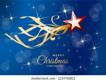 Christmas postcard, decorations and background with abstract comet and star. 