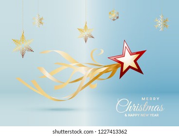 Christmas postcard, decorations and background with abstract comet and star. 