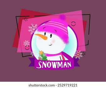 Christmas postcard design with cartoon snowman. Drawing of snowman in bright pink knitted hat in round purple frame. Can be used for postcards, greeting cards, leaflets