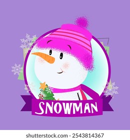 Christmas postcard design with cartoon snowman. Drawing of snowman in bright pink knitted hat in round purple frame on abstract background. Can be used for postcards, greeting cards, leaflets
