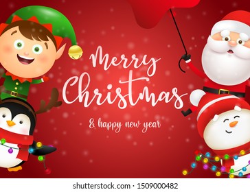 Christmas postcard design with cute snowman, penguin, elf and Santa holding fairy lights on red background. Vector illustration for New Year poster, greeting card, party invitation templates