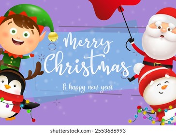 Christmas postcard design with cute snowman, penguin, elf and Santa holding fairy lights on purple background. Vector illustration for New Year poster, greeting card, party invitation templates