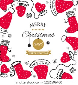 Christmas Postcard with design elements in doodle style. Text badge.