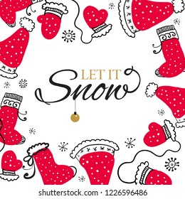 Christmas Postcard with design elements in doodle style. Text badge.