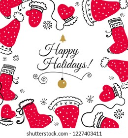 Christmas Postcard with design elements in doodle style. Text badge.