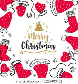 Christmas Postcard with design elements in doodle style. Text badge.