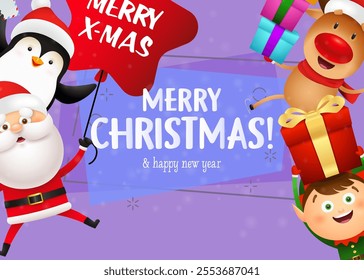 Christmas postcard design with funny penguin, reindeer, elf, Santa holding gifts, air balloon on purple background. Vector illustration for New Year poster, greeting card, party invitation templates