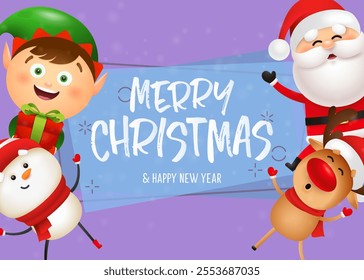 Christmas postcard design with funny Santa, snowman, reindeer, elf holding gift and having fun on purple background. Vector illustration for New Year poster, greeting card, party invitation templates