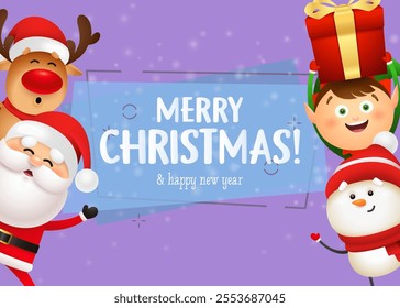 Christmas postcard design. Funny snowman, reindeer, elf and Santa holding gifts on purple background with snowfall. Vector illustration for New Year poster, greeting card, party invitation templates