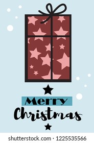 Christmas postcard design with gift and stars on blue background.  Merry Christmas.