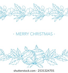 Christmas Postcard Design with winter greenery, poinsettia, holly, mistletoe, pine, cone. Winter Plants Outline. Christmas Design. Christmas Floral Design. Winter Holiday Decor. 