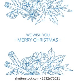 Christmas Postcard Design with winter greenery, poinsettia, holly, mistletoe, pine, cone. Winter Plants Outline. Christmas Design. Christmas Floral Design. Winter Holiday Decor. 