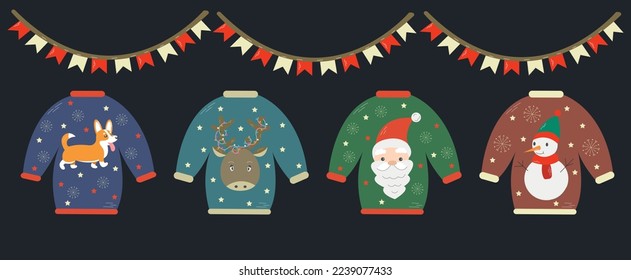 Christmas postcard with different cartoon ugly sweaters. Cute Christmas sweaters concept in flat style. Vector ugly sweater party invitation with Santa, Snowman, Reindeer and Corgi