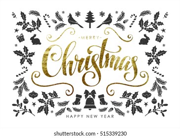  Christmas Postcard with  Christmas Elements and Handwritten Gold Foil Calligraphic "Merry Christmas" Inscription