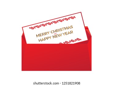 Christmas postcard and envelope isolated. Merry Christmas and happy new year text. Vector illustration EPS 10