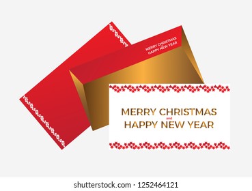 Christmas postcard and envelope isolated. Merry Christmas and happy new year text. Vector illustration EPS 10