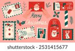 Christmas postcard, envelope, Mailboxe. Santa Claus mail. Greeting set. 