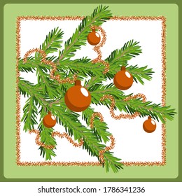 Christmas postcard with fir tree branch decorated with red copper balls and glittering tinsel. For Xmas, New Year, winter holiday design