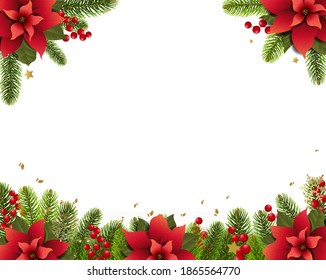 Christmas Postcard And Fir Tree Branches Borders White Background With Gradient Mesh, Vector Illustration