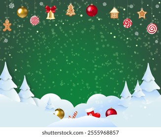 Christmas Postcard And Fir Tree And Christmas Toys With Gradient Mesh, Vector Illustration