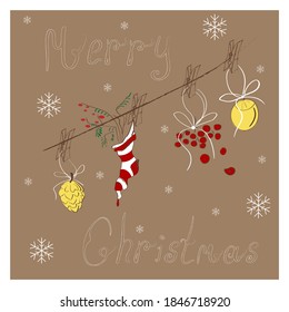 Christmas postcard with forest gifts weigh on clothespins and inscription Merry Christmas on Kraft paper