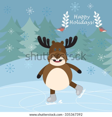 Christmas postcard with funny deer skating and birds. Vector illustration