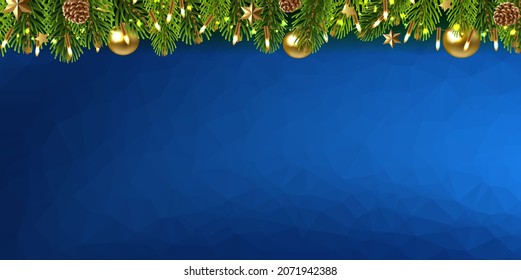 Christmas Postcard With Garland With Light Bulbs And Blue Background With Gradient Mesh, Vector Illustration
