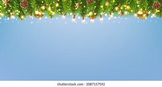 Christmas Postcard With Garland With Light Bulbs Blue Background With Gradient Mesh, Vector Illustration.