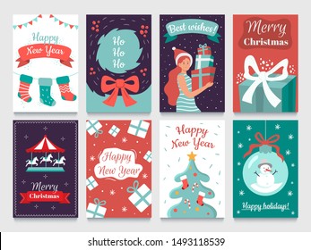 Christmas postcard. Garlands on xmas tree, Happy New year postcards and december winter holidays cards. 2020 christmas party invitation poster or greeting card isolated vector bundle