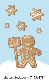 Christmas postcard with gingerbread man and snowflake. Merry Christmas vector postcard. Gingerbread figurine vertical illustration. Winter holiday greeting card. New Year poster. Let it snow print