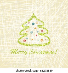 christmas postcard with green christmas tree on yellow background. Vector illustration