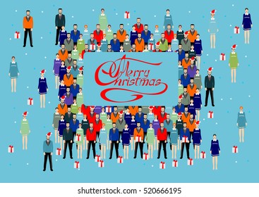 Christmas postcard with the group of people. Vector illustration.