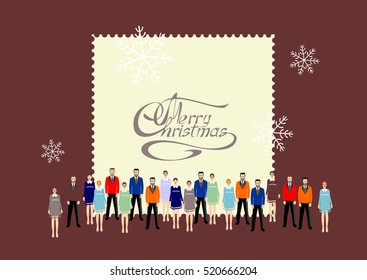 Christmas postcard with the group of people. Vector illustration.