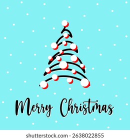 Christmas postcard with hand drawn outline spruce tree. Red spruce with white decorations on blue background. Concept festive spruce postcard to send Merry Christmas wishes in postcard.