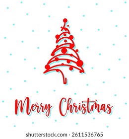 Christmas postcard with hand drawn red Christmas tree. Festive tree with decorations and snowflakes on white background. Concept merry Christmas postcard to send your holiday wishes in postcard