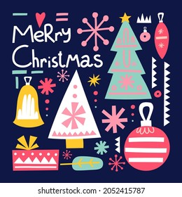 Christmas postcard. Hand drawn scandinavian style xmas card, cartoon ethnic winter holidays elements and lettering, trendy colors tree gifts and toys, poster or print vector isolated illustration