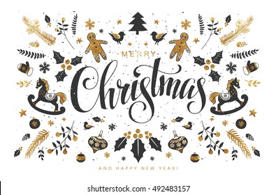 Christmas Postcard with  Hand Lettering, Handmade Calligraphy Inscription and all kind of Christmas Attributes