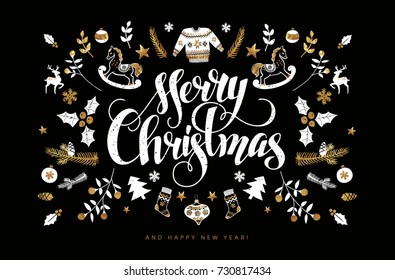 Christmas Postcard with Hand Lettering. Handmade Calligraphy Inscription and all kind of Christmas Attributes