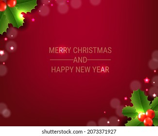 Christmas Postcard With Holly Berry Red Background With Gradient Mesh, Vector Illustration