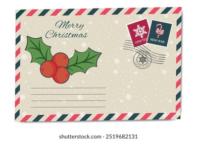 Cartão postal de Natal com azevinho, envelope festivo e tipografia de Feliz Natal com flocos de neve e selos