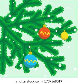 Christmas postcard. Illustration of fir tree branch decorated with Christmas balls, with falling snow 
