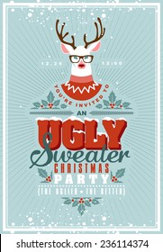 Christmas postcard with invitation on ugly sweater holiday party 